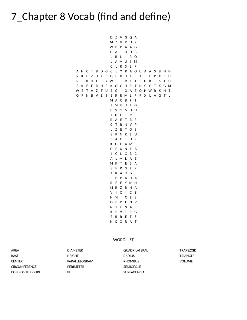 Cross-shaped geometry word search with vocabulary including diameter, circumference, and parallelogram.