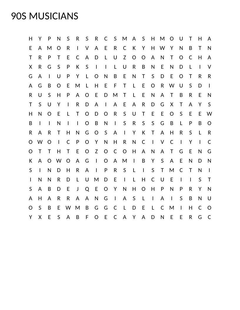 90s musicians word search with artist names including Nirvana, Britney Spears, and Eminem.