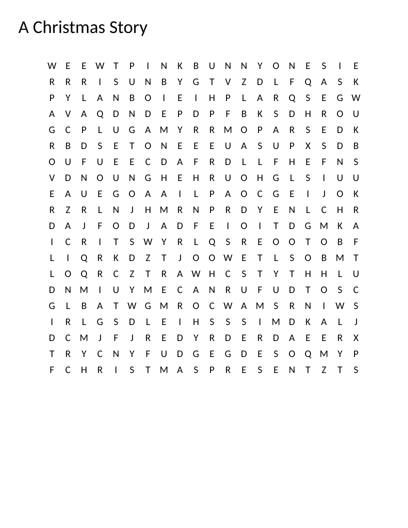 "A Christmas Story" word search with movie references like Ralphie, Red Ryder, and leg lamp.