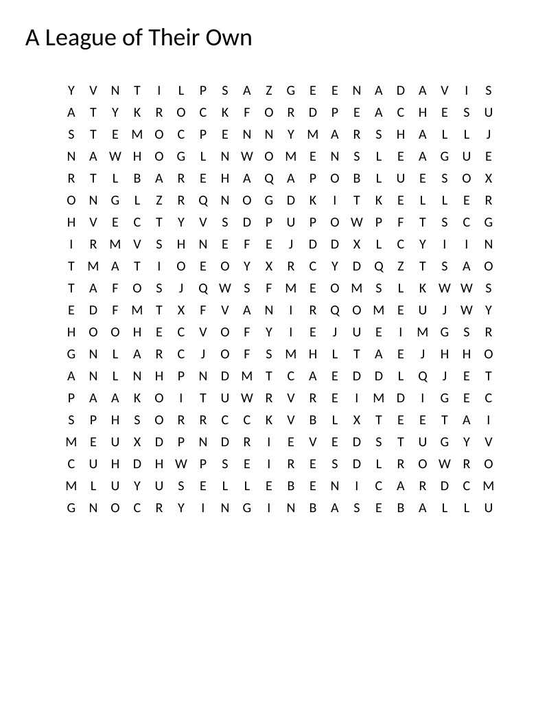 A League of Their Own word search with movie characters, team names, and famous baseball quotes.