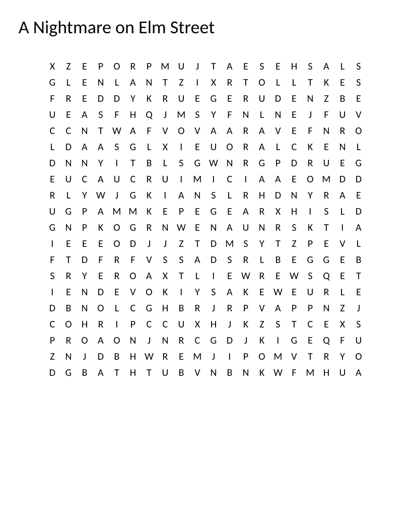 A Nightmare on Elm Street word search featuring Freddy Krueger and classic horror film imagery.