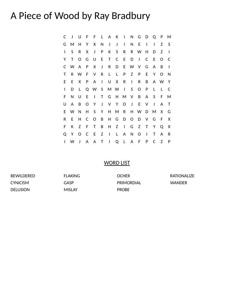Ray Bradbury short story word search with vocabulary including cynicism, primordial, and bewildered.