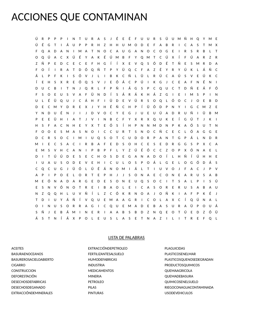 Spanish word search on pollution with environmental terms like deforestación and petróleo.
