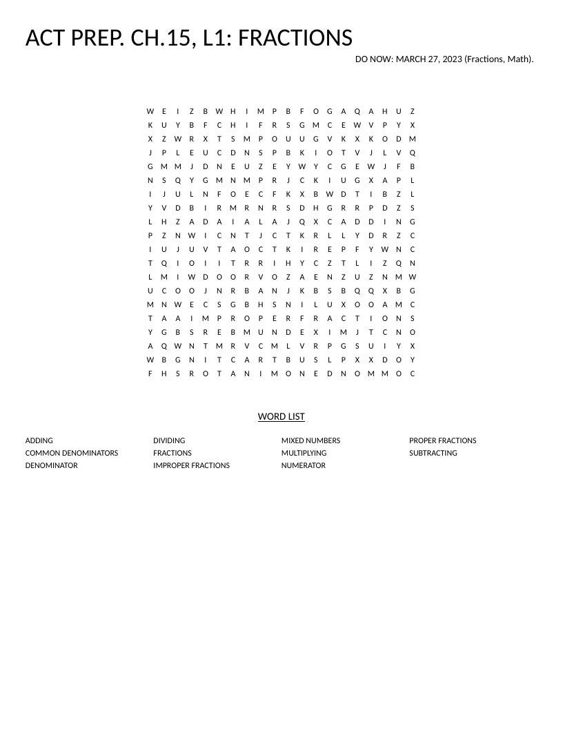Fractions word search with math vocabulary including numerator, denominator, and mixed numbers.