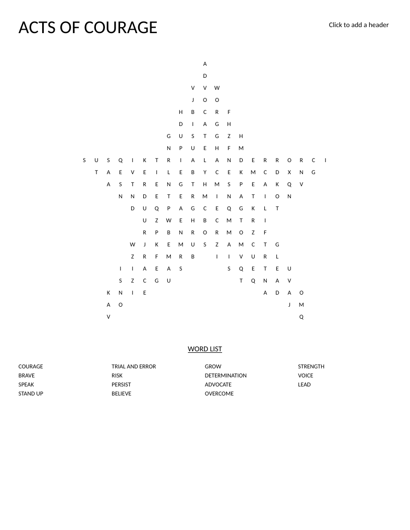Star-shaped Acts of Courage word search with words like brave, persist, and determination.
