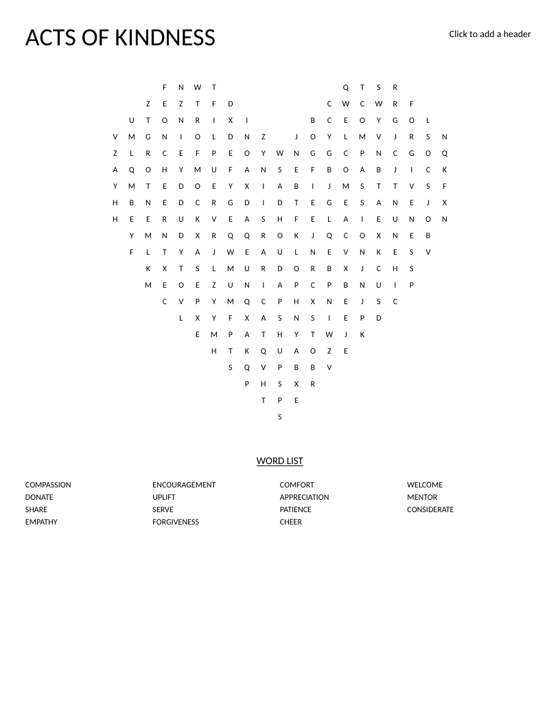 Heart-shaped Acts of Kindness word search with words like compassion, empathy, and forgiveness.