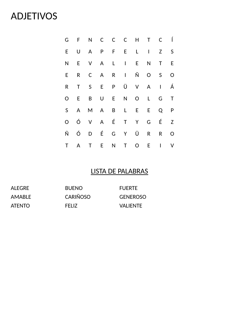 Spanish adjectives word search with words like alegre, amable, and valiente for young learners.