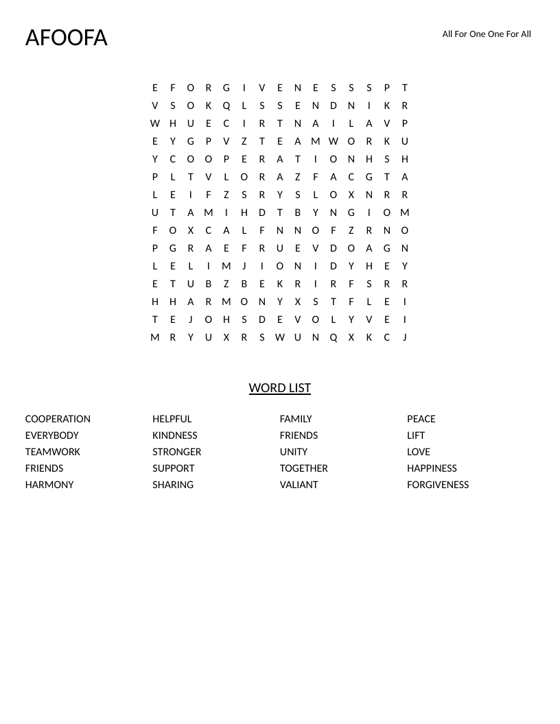 Teamwork and friendship word search with words like cooperation, harmony, and together.