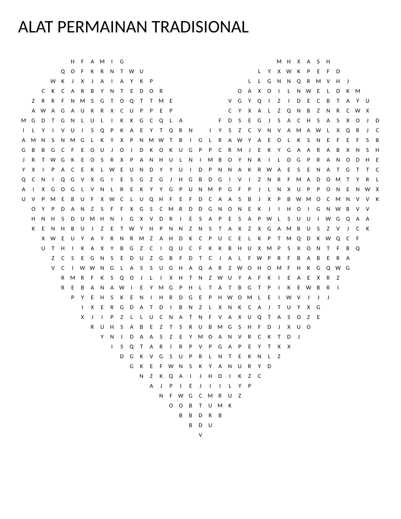 Heart-shaped word search of traditional instruments including kompang, rebana, gong, and sitar.