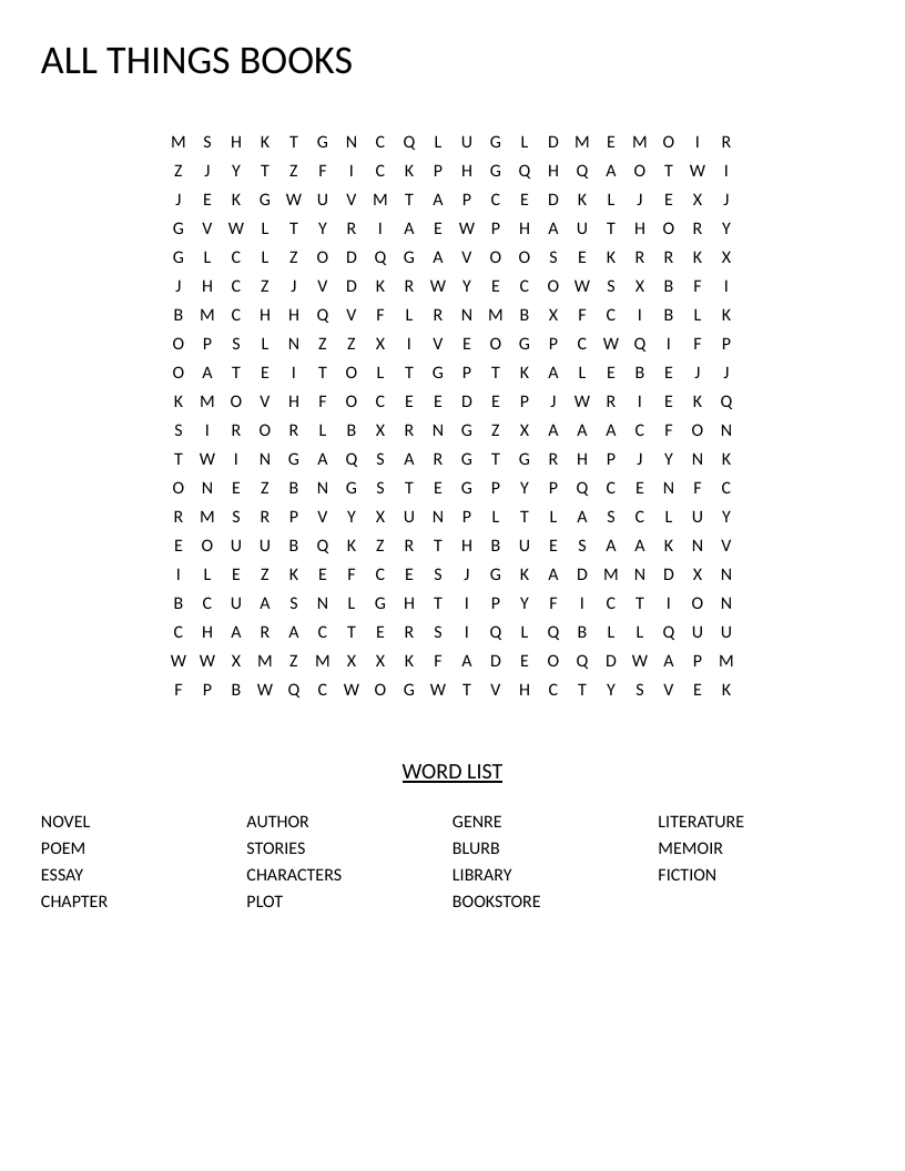 Books word search with vocabulary including novel, author, characters, and memoir.
