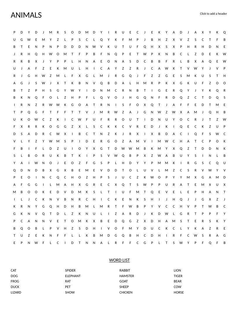 Animals word search with words like elephant, tiger, lion, bear, and farm animals.