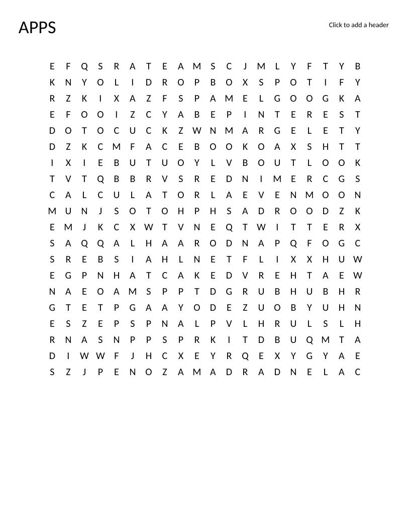Apps word search with social media and technology vocabulary including Instagram, TikTok, and Spotify.