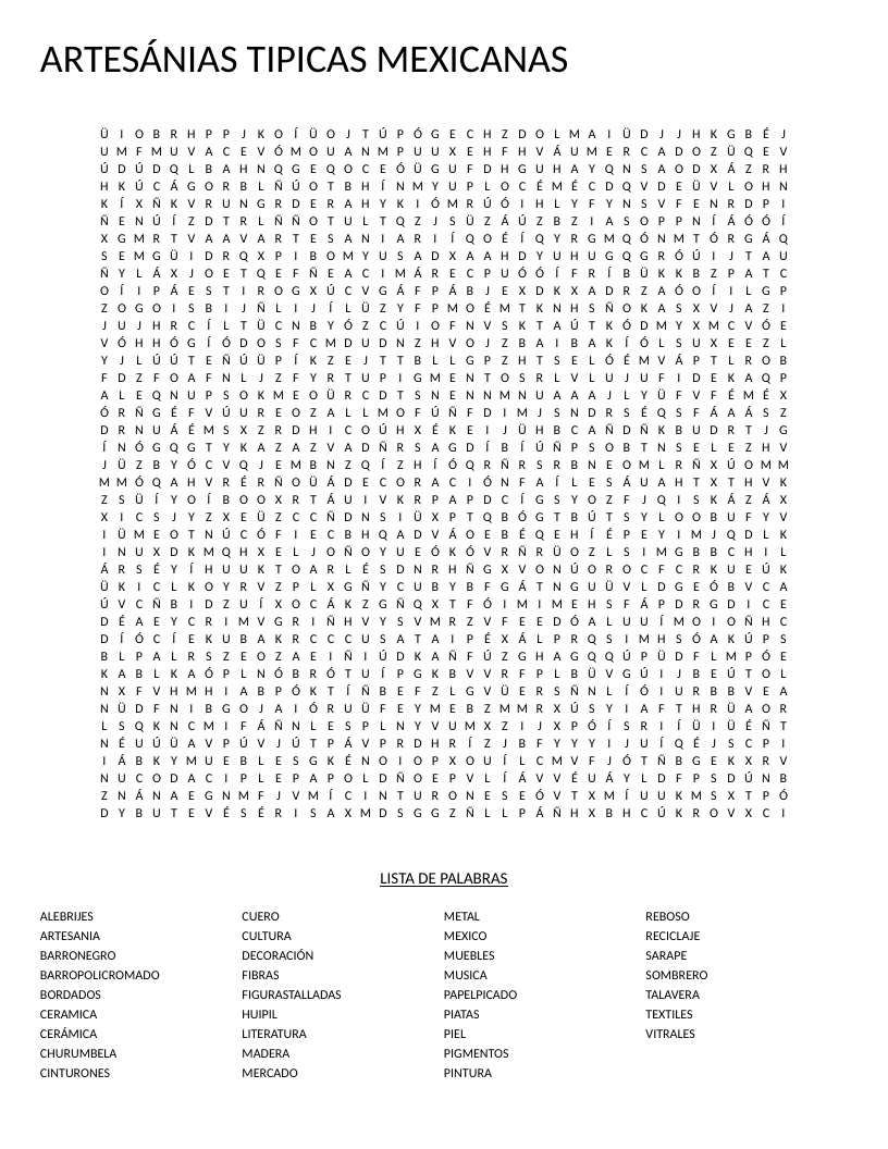 Spanish word search on Mexican crafts with words like alebrijes, papel picado, and huipil.