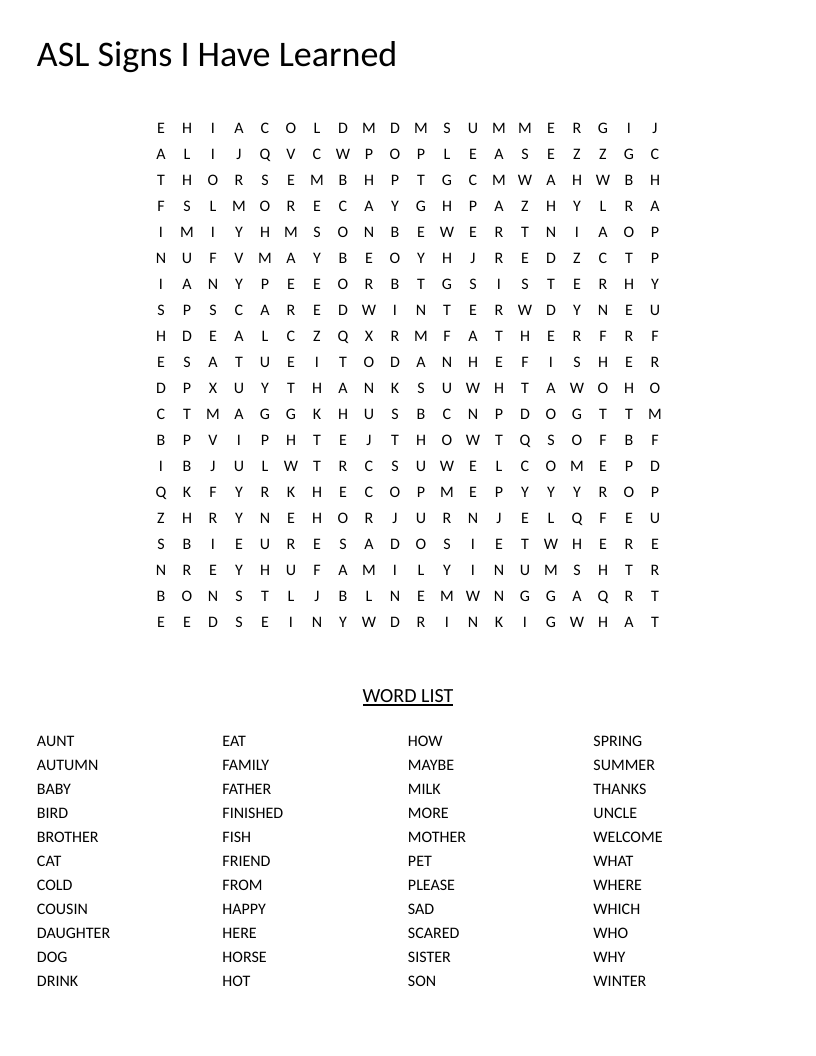 ASL word search with vocabulary including family, animals, and common signs for elementary learners.