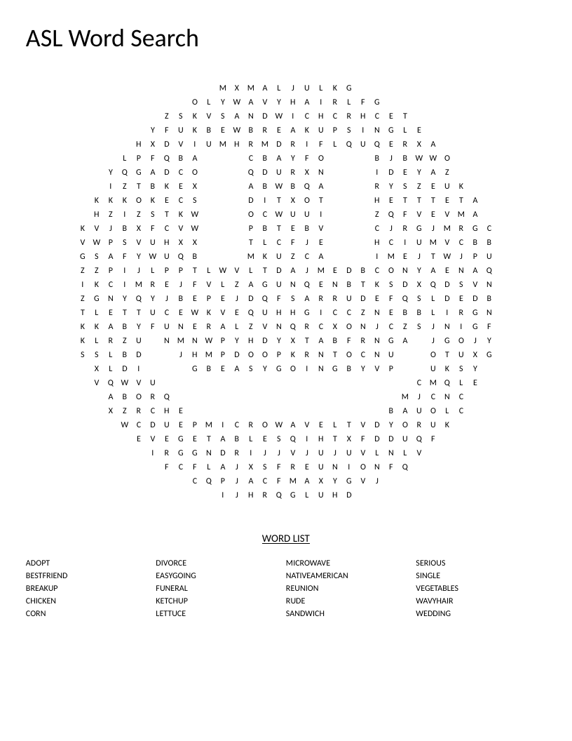 Smiley-shaped ASL word search with vocabulary including sandwich, wedding, and bestfriend.