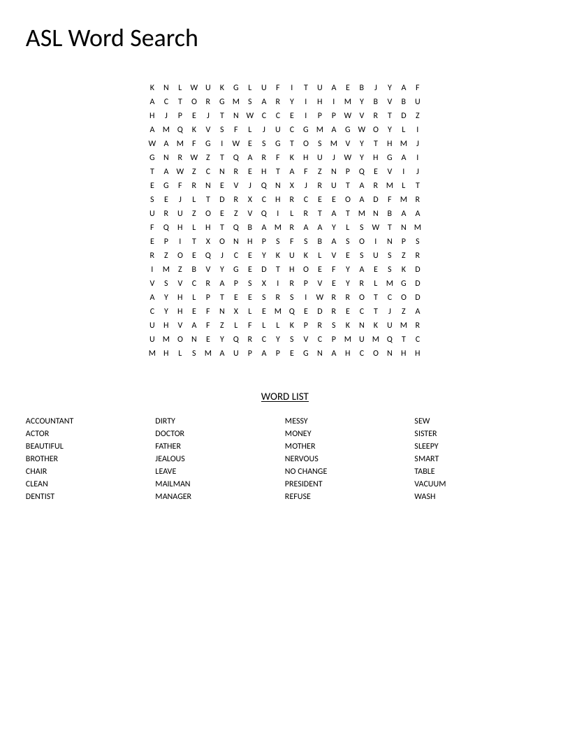 ASL vocabulary word search with words for occupations, emotions, and household terms.