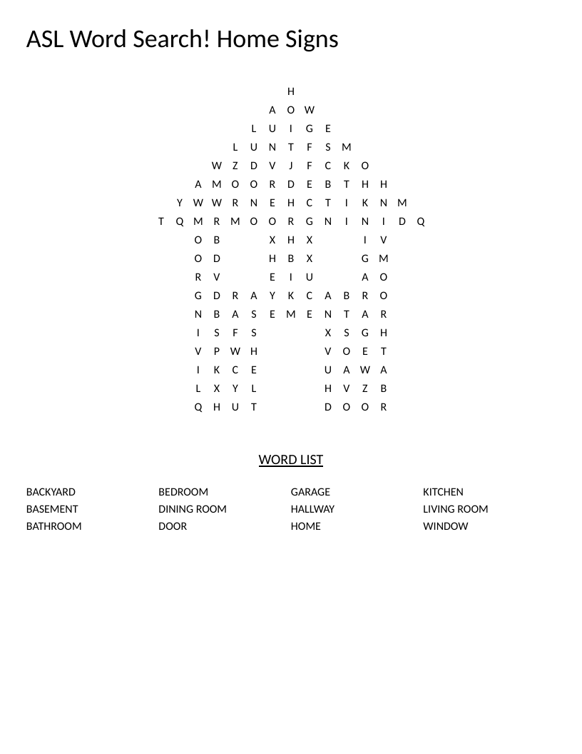 House-shaped ASL word search with home vocabulary including kitchen, bedroom, and bathroom.