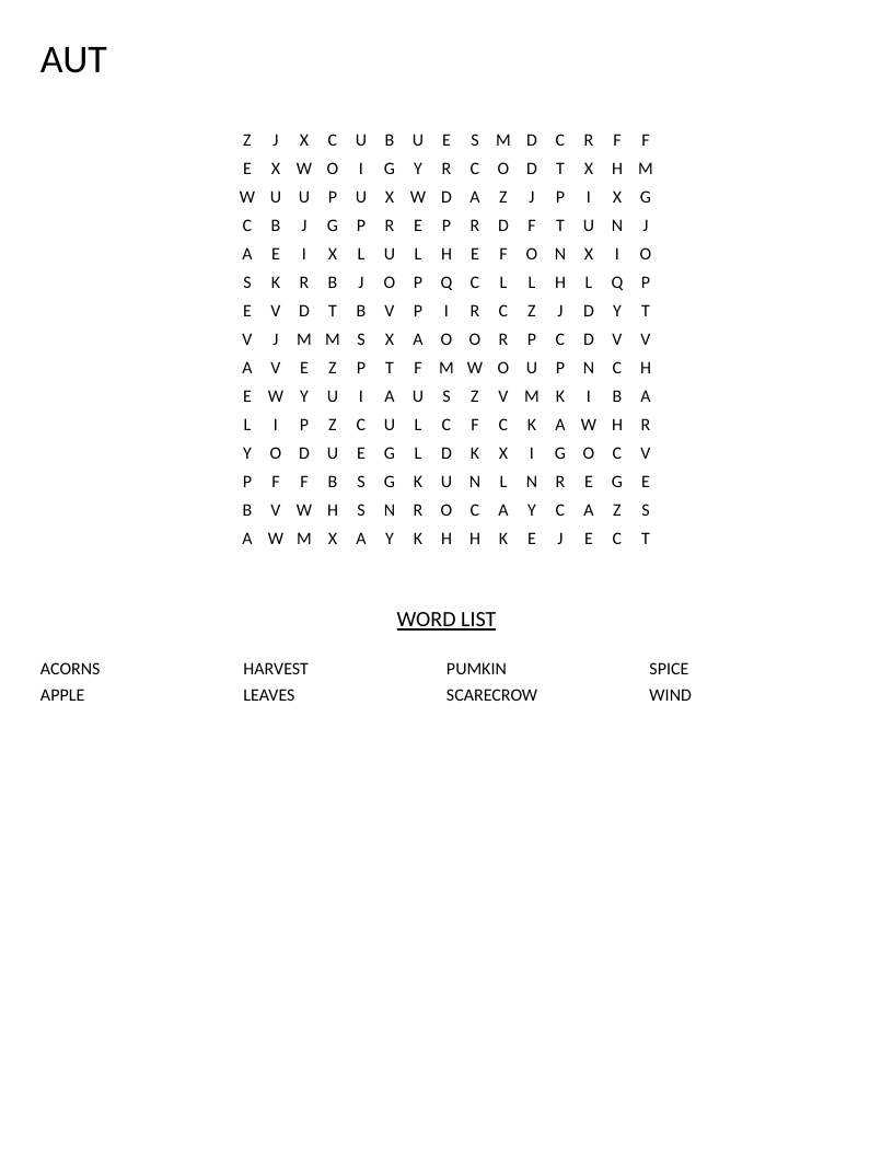 Autumn word search with fall vocabulary including pumpkin, leaves, and scarecrow.