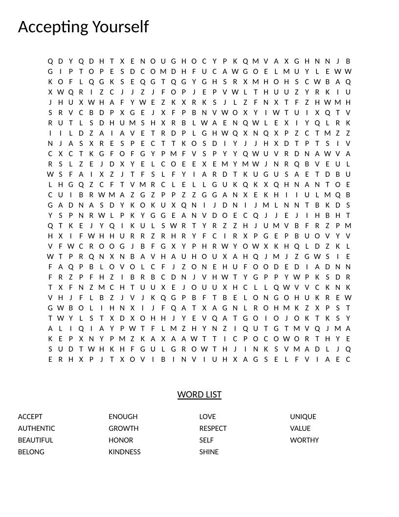 Self-acceptance word search with words including unique, worthy, authentic, and kindness.