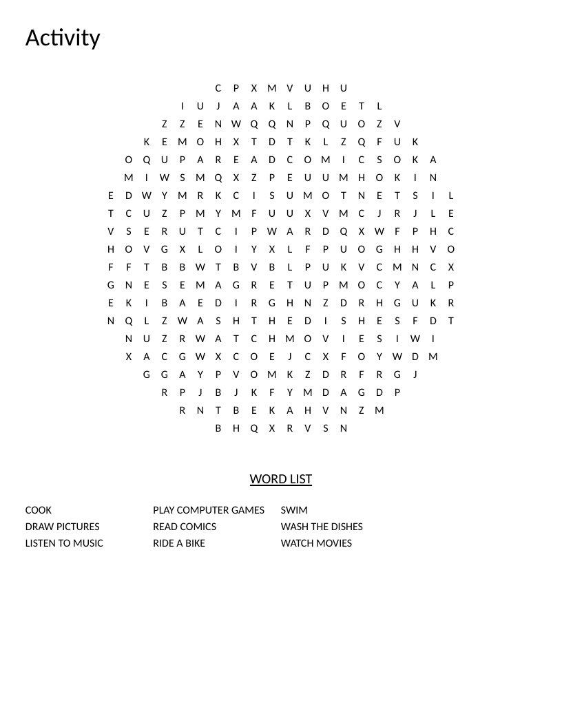 Circle-shaped hobbies and activities word search with words like play computer games and watch movies.
