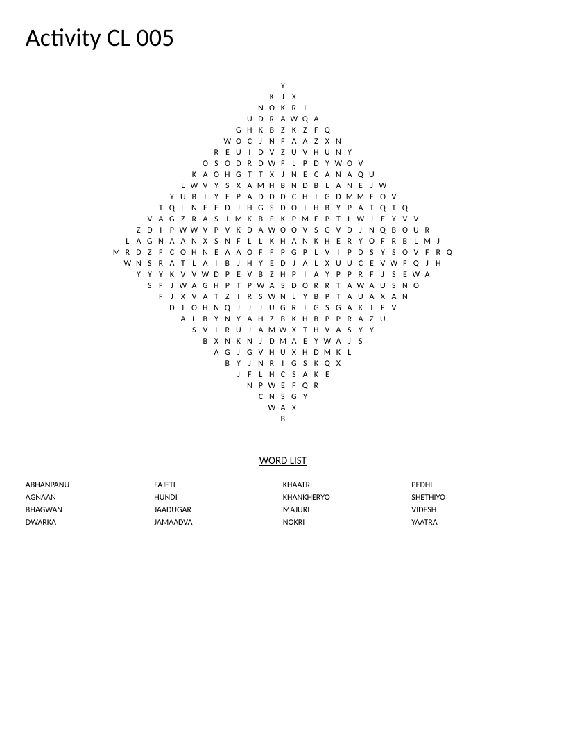 Diamond-shaped Gujarati word search with occupational and cultural vocabulary including Dwarka and Yaatra.