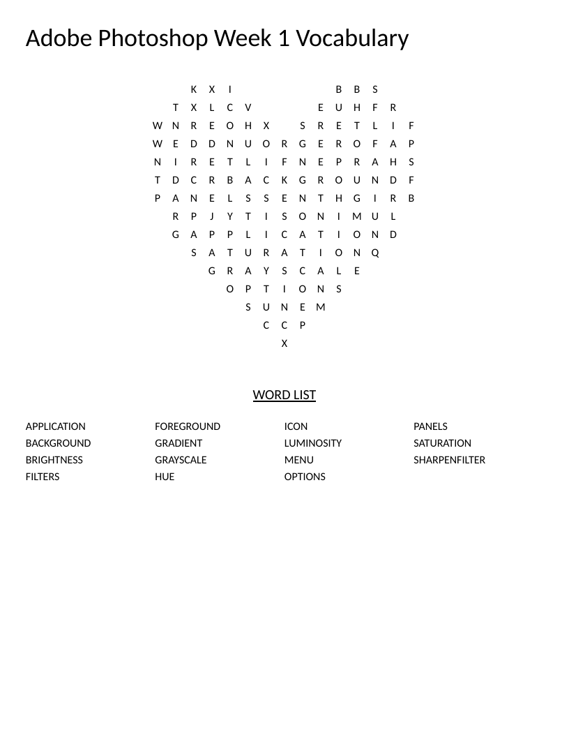 Adobe Photoshop vocabulary word search with terms like gradient, saturation, and pixels.