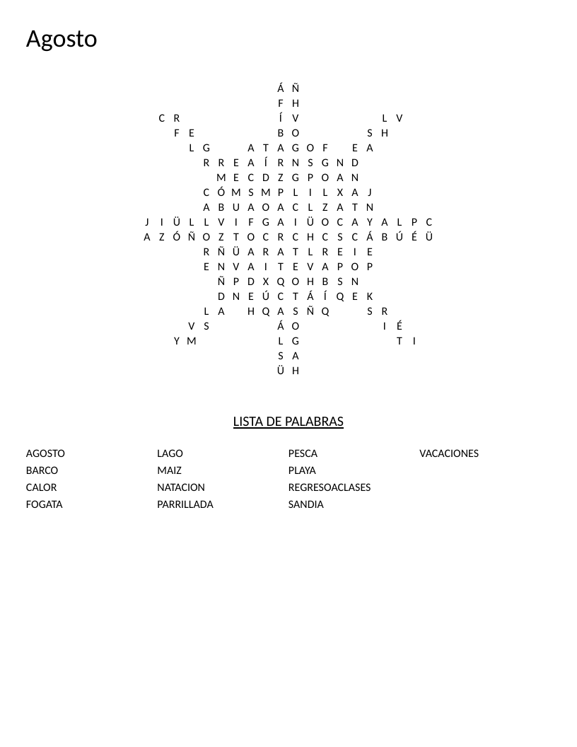 Sun-shaped Spanish August word search with summer and back-to-school words like playa and natación.