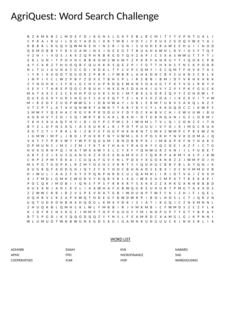 Agricultural economics word search with Indian farming acronyms like NABARD, APMC, and MSP.