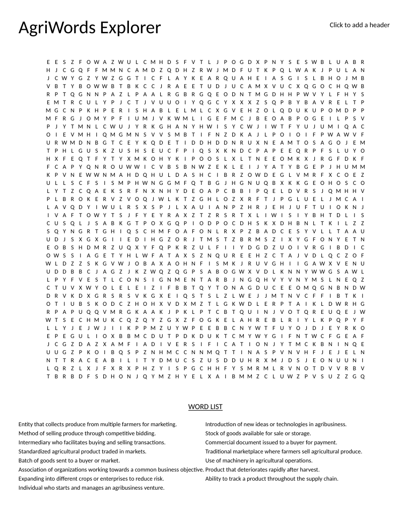 Agricultural business word search with terms like mandi, aggregator, and traceability.