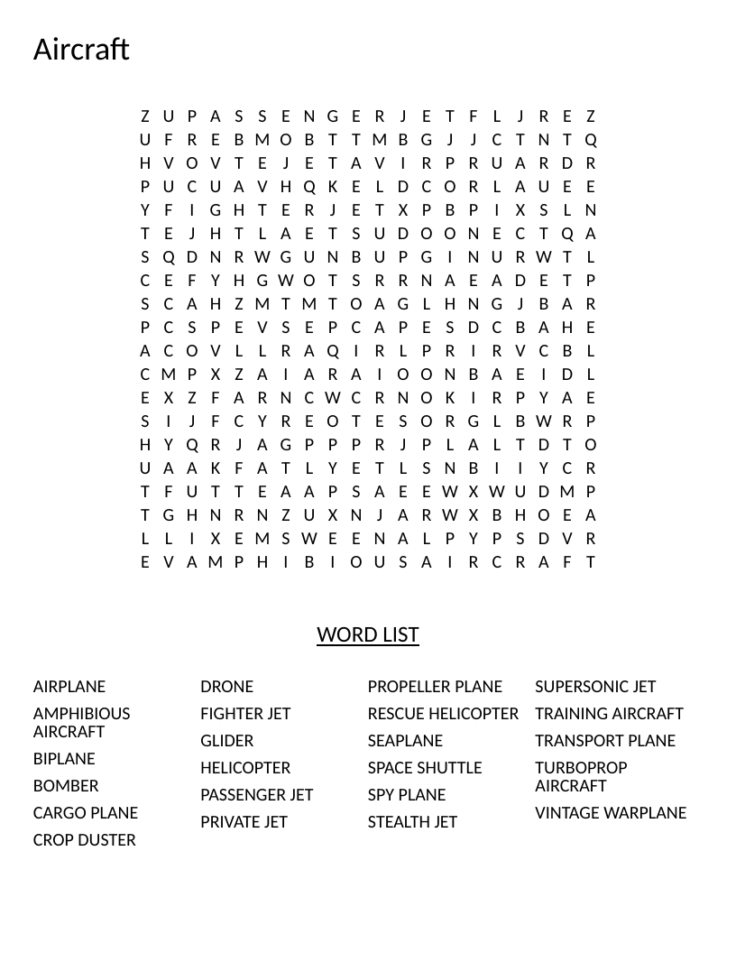 Aircraft word search with airplanes, helicopters, fighter jets, and cargo planes.