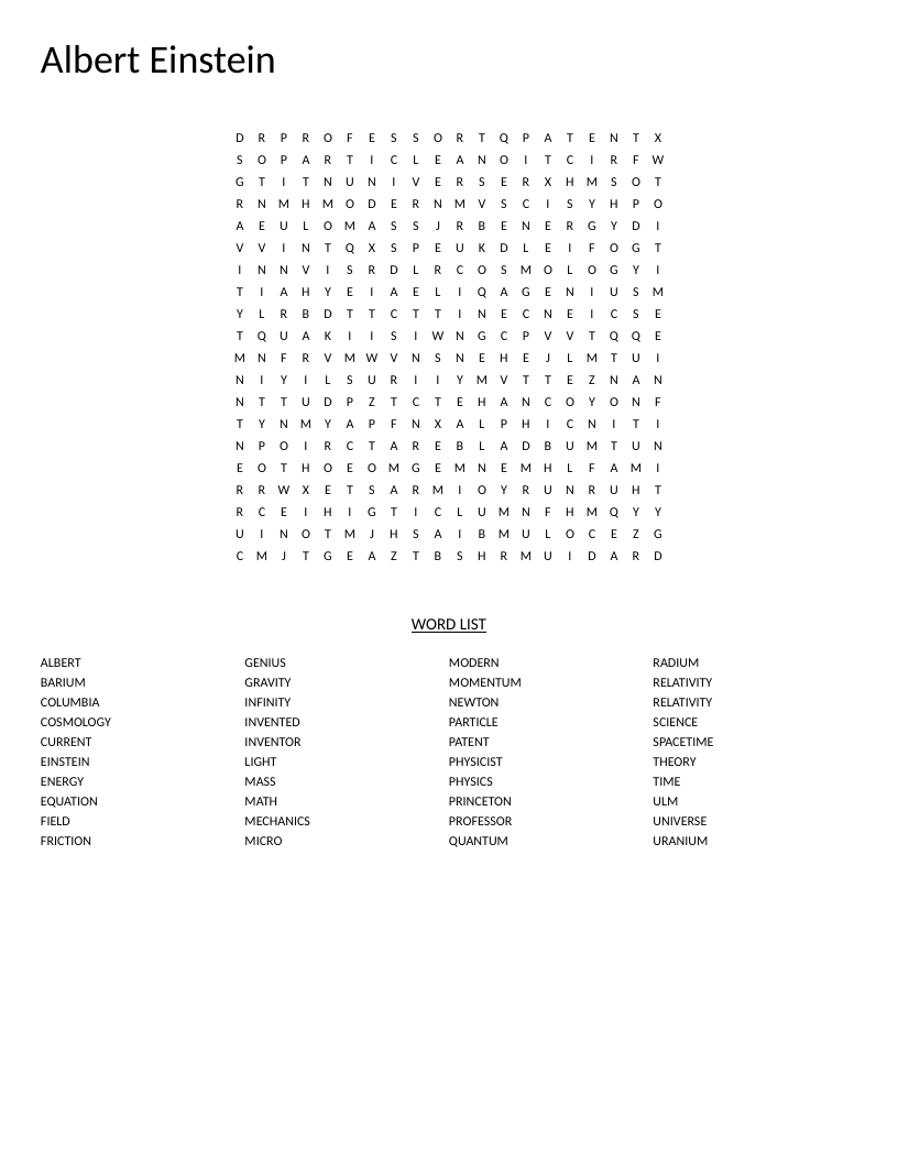 Albert Einstein word search with physics terms including relativity, spacetime, and quantum mechanics.