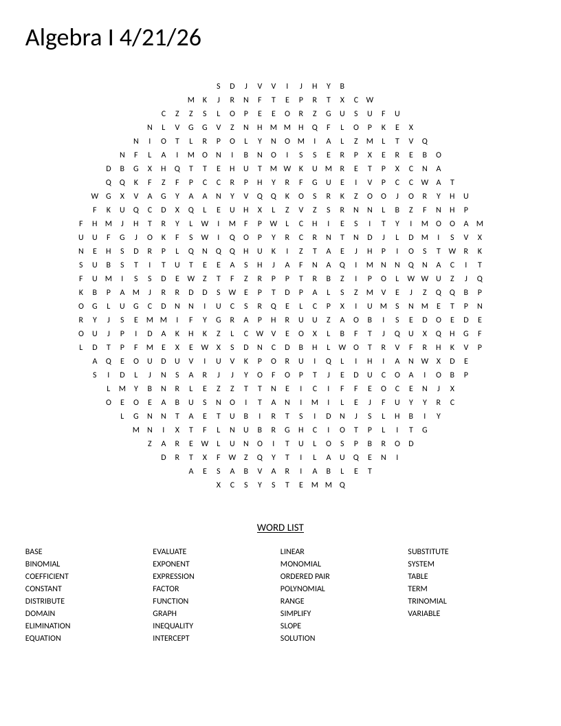 Algebra I word search in a circle shape with terms like slope, function, and polynomial.