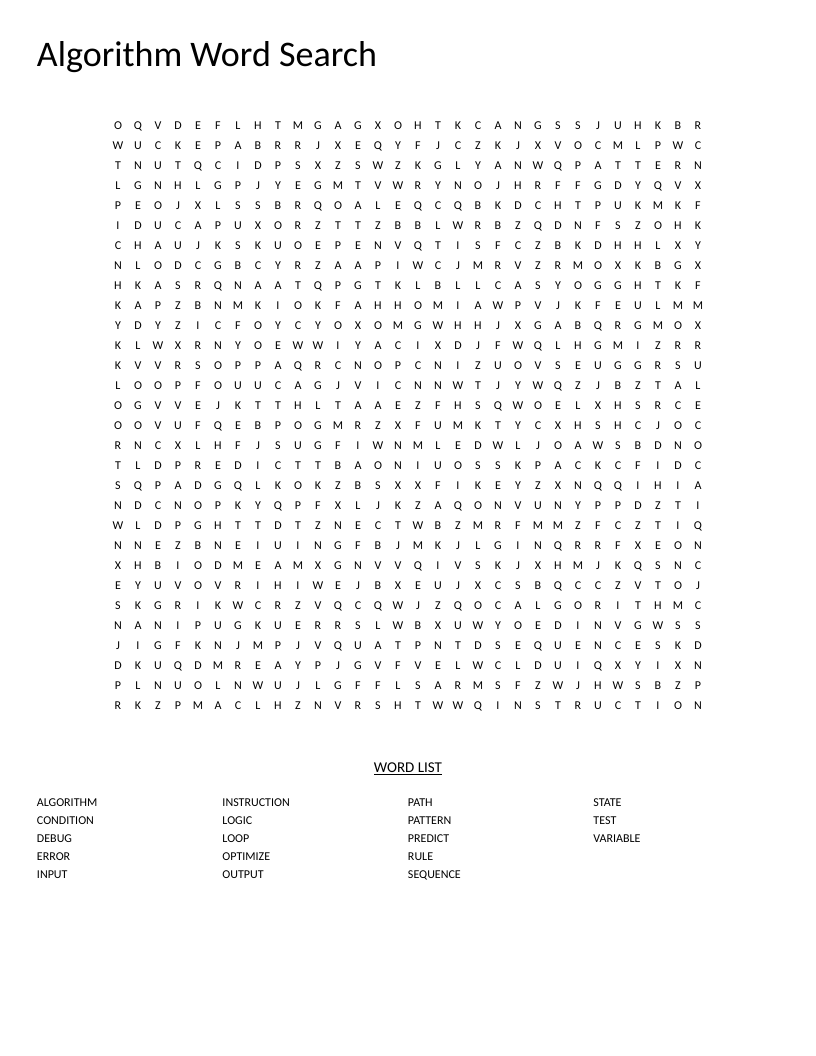 Algorithm word search with computer science terms like loop, debug, and variable.