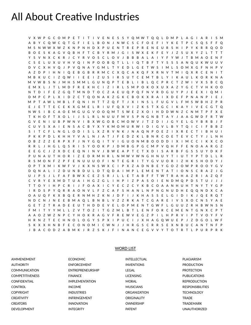 Creative industries word search featuring copyright, patent, trademark, and entrepreneurship.