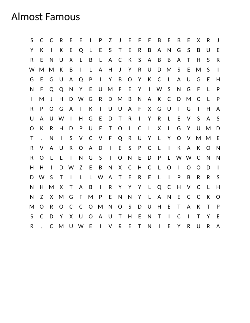 Almost Famous word search with hidden words like Stillwater, Penny Lane, and Lester Bangs.
