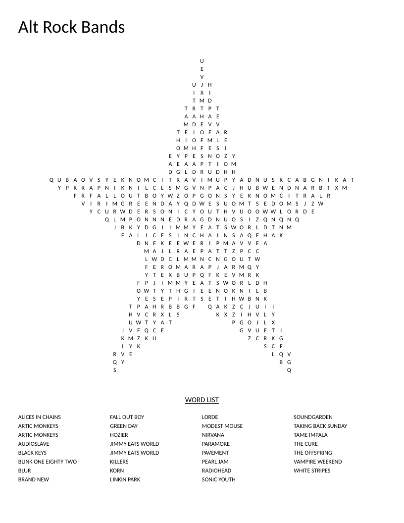Star-shaped alt rock bands word search with Nirvana, Green Day, Radiohead, and more.