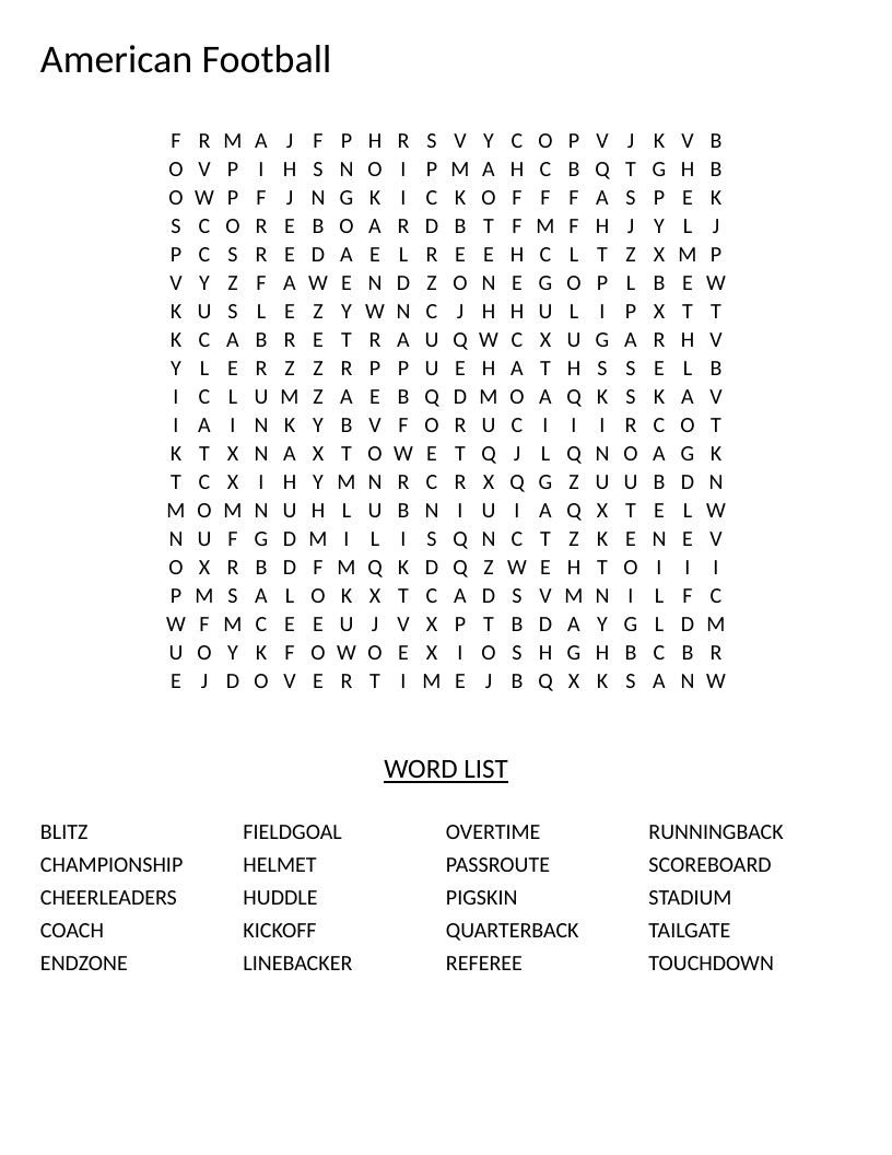 American football word search with words like quarterback, touchdown, and tailgate.