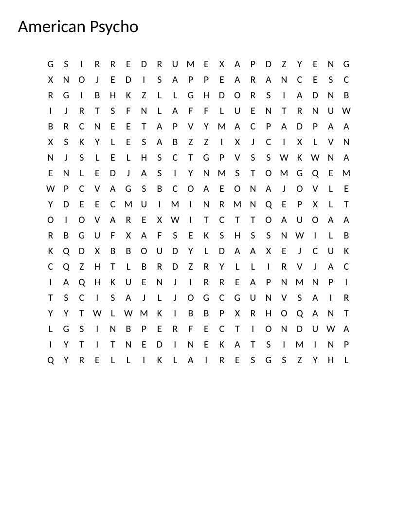 American Psycho word search with literary terms like Patrick Bateman, serial killer, and Dorsia.