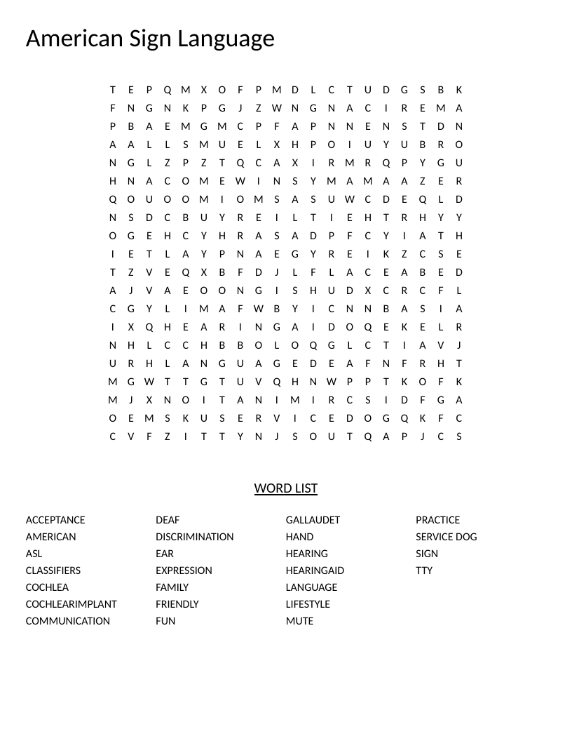 American Sign Language word search with terms like Gallaudet, classifiers, and service dog.