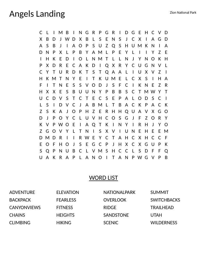 Angels Landing hiking word search with words like switchbacks, sandstone, and chains.