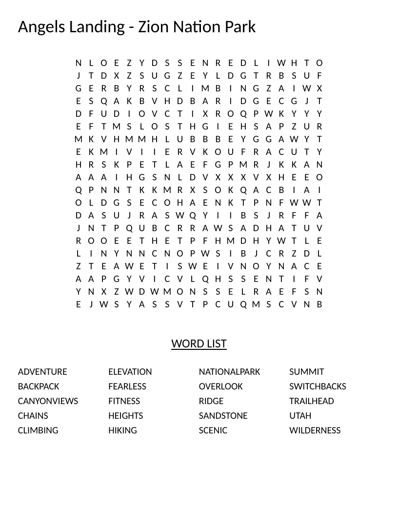 Angels Landing Zion National Park word search with hiking terms like switchbacks and summit.