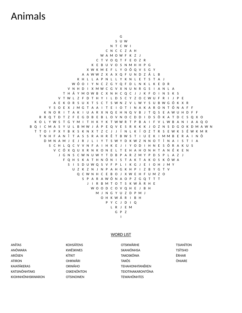 Diamond-shaped word search with Mohawk animal words.