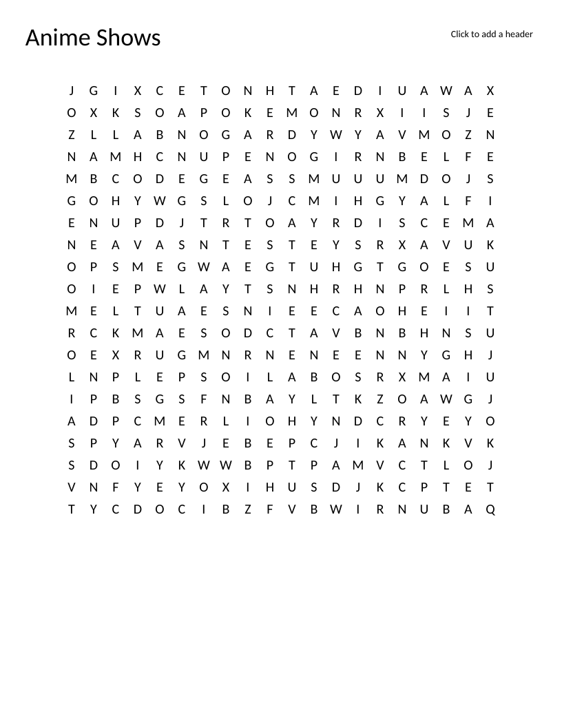 Anime shows word search featuring popular titles like Attack on Titan, Naruto, and One Piece.