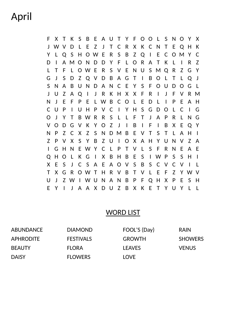 April word search with spring words like flowers, showers, and daisy.