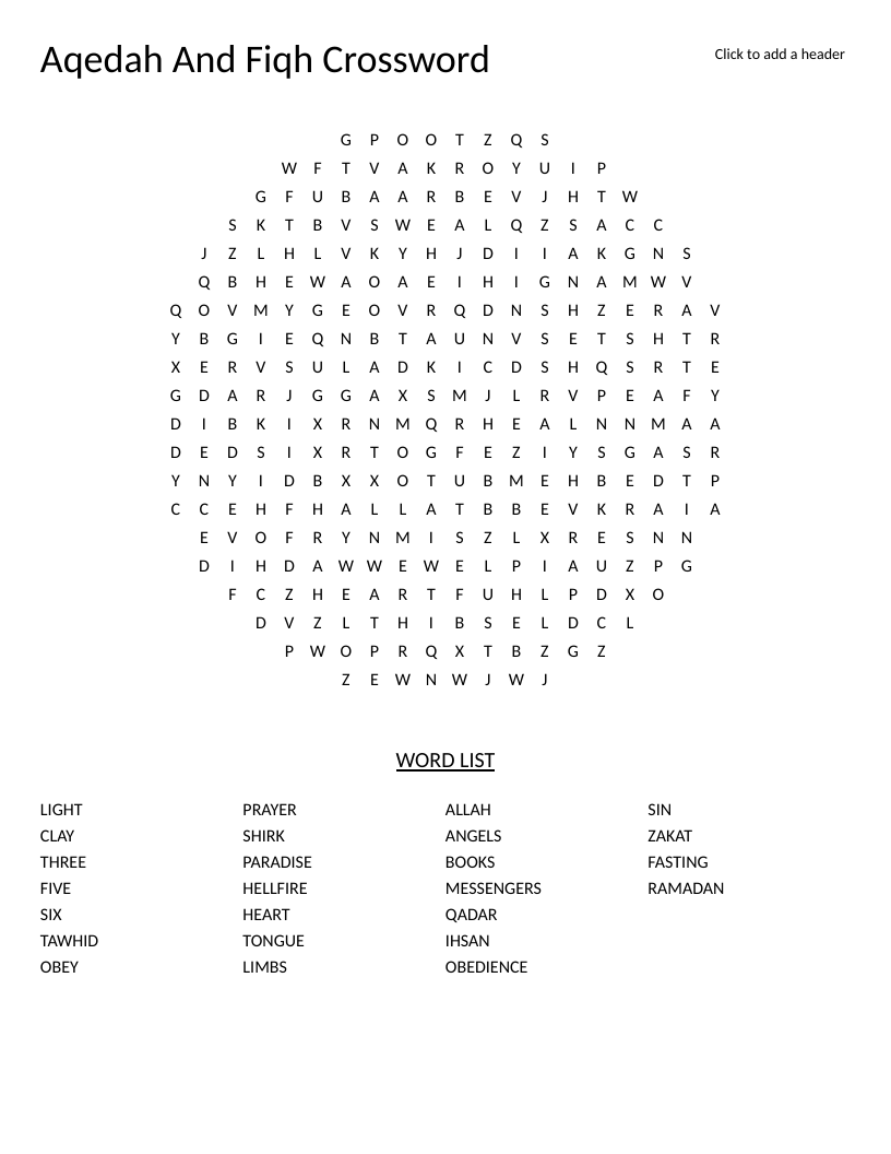 Circle-shaped Islamic studies word search with aqedah and fiqh vocabulary including tawhid and ihsan.