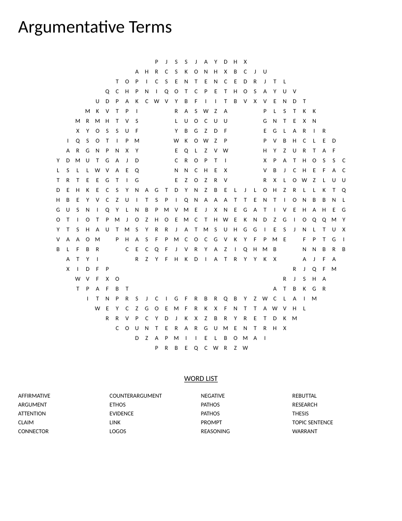 Smiley-shaped argumentative writing word search with terms like ethos, pathos, and logos.
