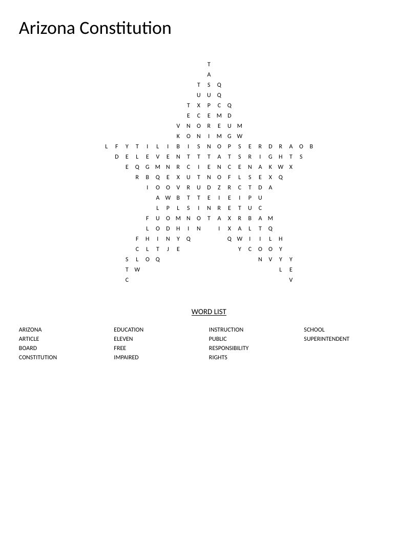 Star-shaped Arizona Constitution word search with civics vocabulary including superintendent and education.