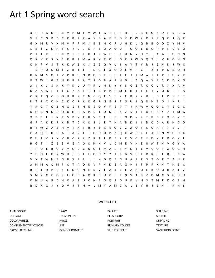 Art vocabulary word search with terms like perspective, color wheel, and crosshatching.