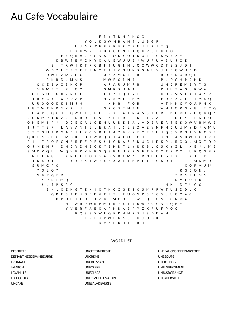 Smiley-shaped French café word search with vocabulary like croissant, crêpe, and jambon.