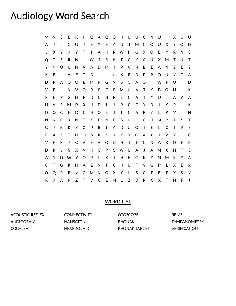 Audiology word search with medical terms like audiogram, cochlea, and hearing aid brands.